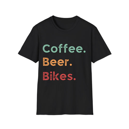"Coffee. Beer. Bikes." Essential Cyclist Lifestyle T-Shirt | Unisex Heavy Cotton Tee
