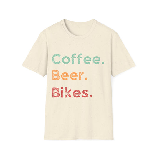 "Coffee. Beer. Bikes." Essential Cyclist Lifestyle T-Shirt | Unisex Heavy Cotton Tee