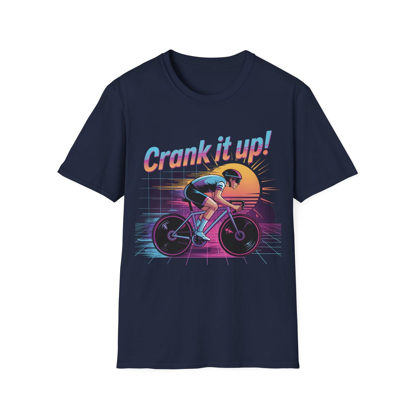 Synthwave Cyclist Tee - 80s Style Retro Cycling Shirt with 'Crank It Up' Pun