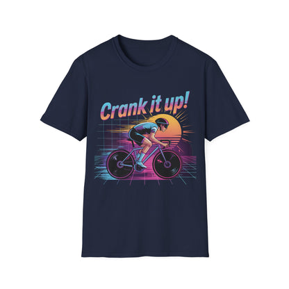 Synthwave Cyclist Tee - 80s Style Retro Cycling Shirt with 'Crank It Up' Pun