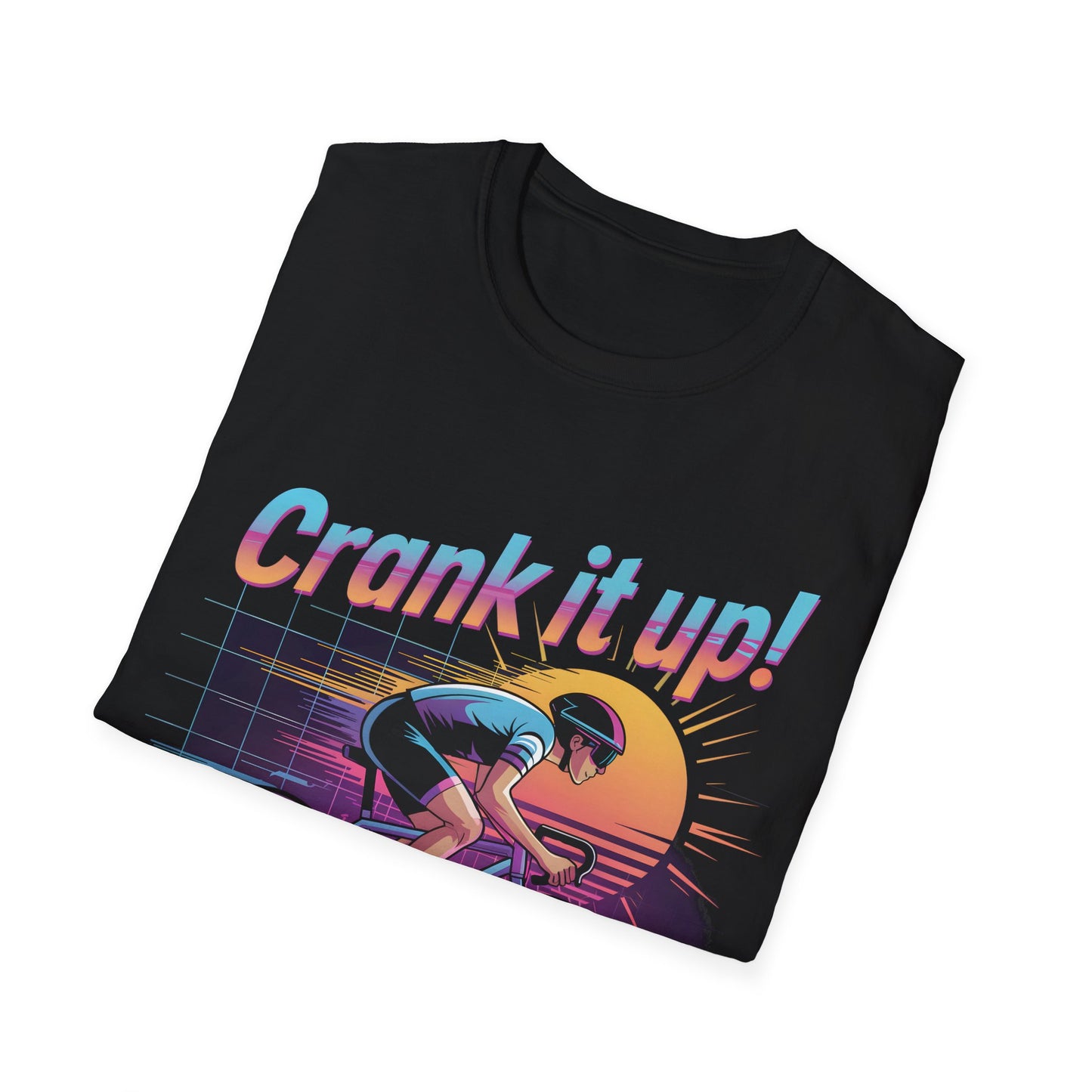 Synthwave Cyclist Tee - 80s Style Retro Cycling Shirt with 'Crank It Up' Pun