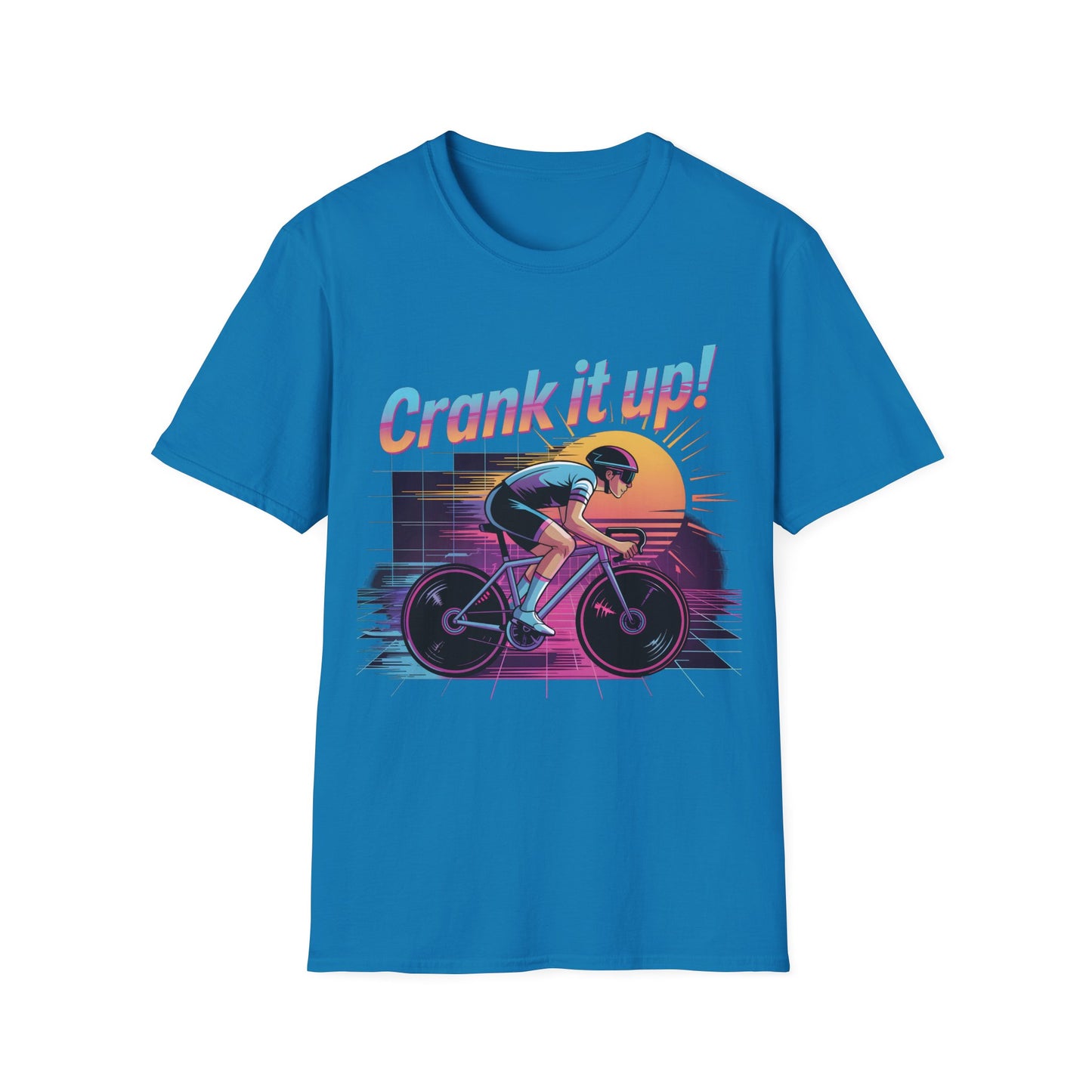 Synthwave Cyclist Tee - 80s Style Retro Cycling Shirt with 'Crank It Up' Pun