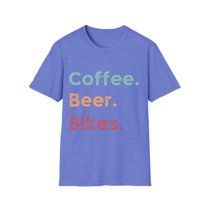 "Coffee. Beer. Bikes." Essential Cyclist Lifestyle T-Shirt | Unisex Heavy Cotton Tee