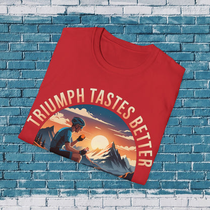 "Triumph Tastes Better At The Summit" | Cycling Mountain Climb T-Shirt, Road Biking Tee, Cyclist Gift