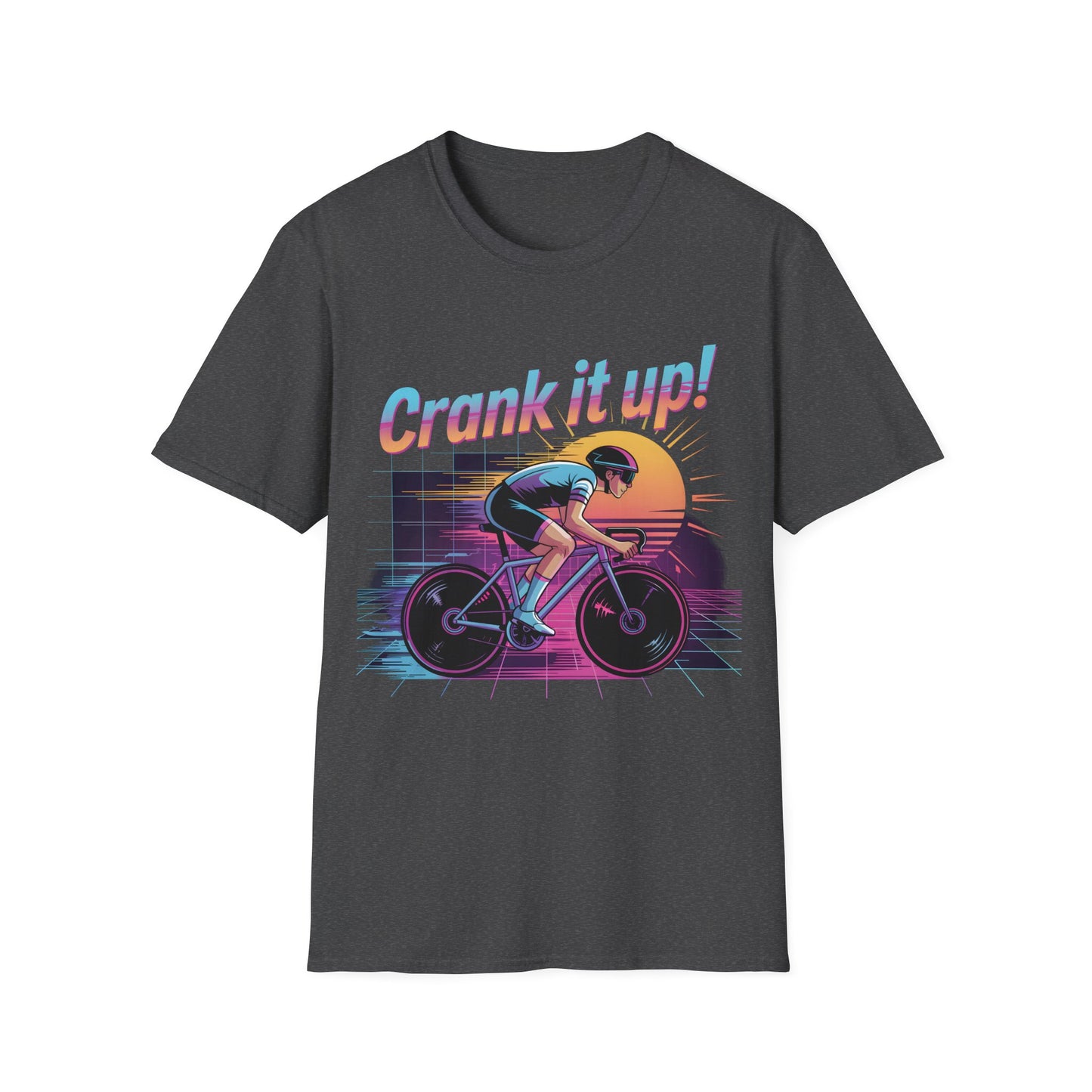 Synthwave Cyclist Tee - 80s Style Retro Cycling Shirt with 'Crank It Up' Pun