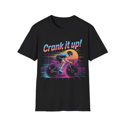 Synthwave Cyclist Tee - 80s Style Retro Cycling Shirt with 'Crank It Up' Pun