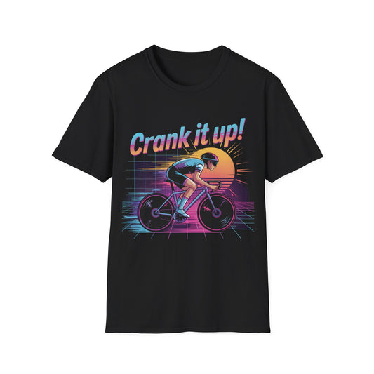 Synthwave Cyclist Tee - 80s Style Retro Cycling Shirt with 'Crank It Up' Pun